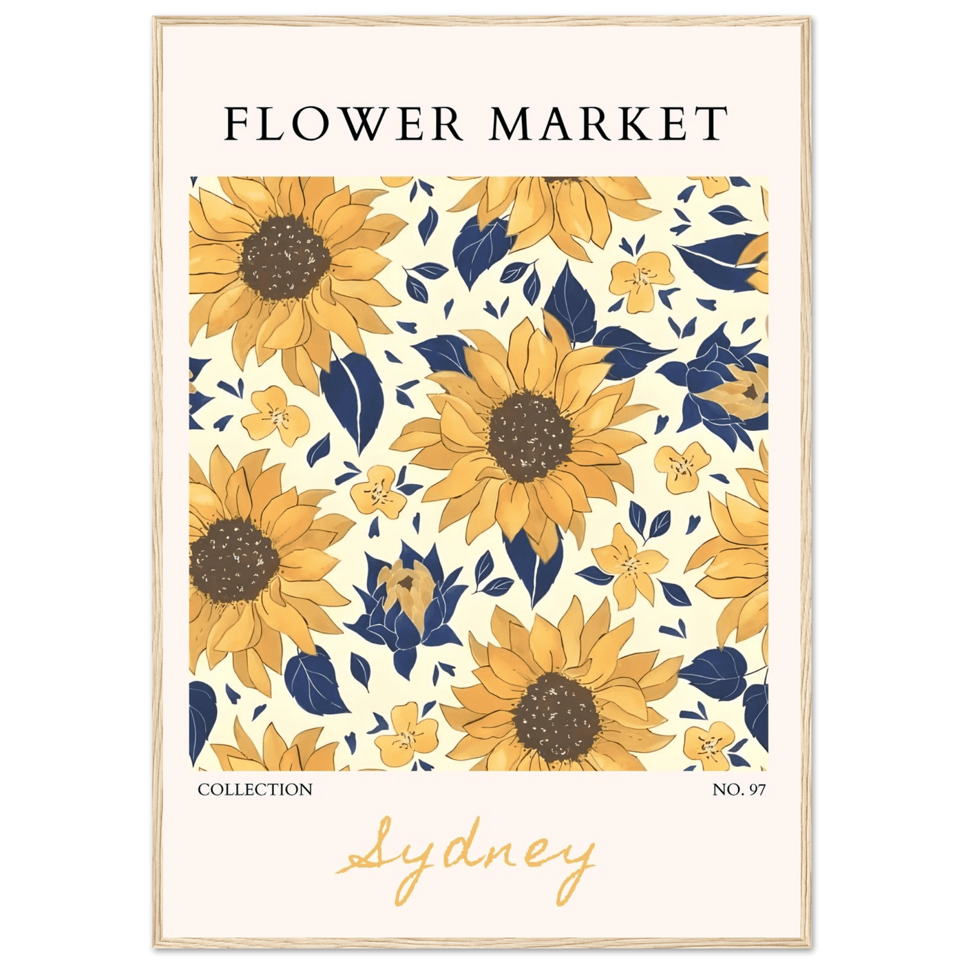 Vibrant Sunflower & Navy Floral Framed Poster – 'Flower Market Sydney' Collection | Ready-to-Hang Wall Art - Vibrantwalls