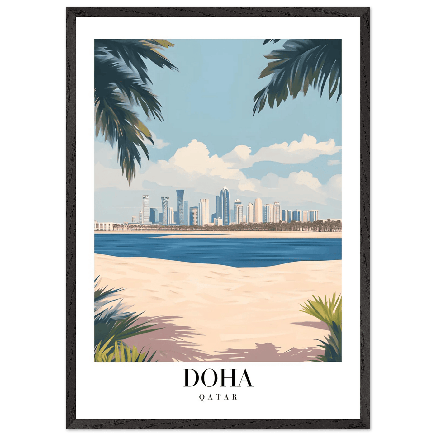 Doha Qatar Skyline Framed Poster – Modern Travel Wall Art with Palm Beach Vibes - Vibrantwalls