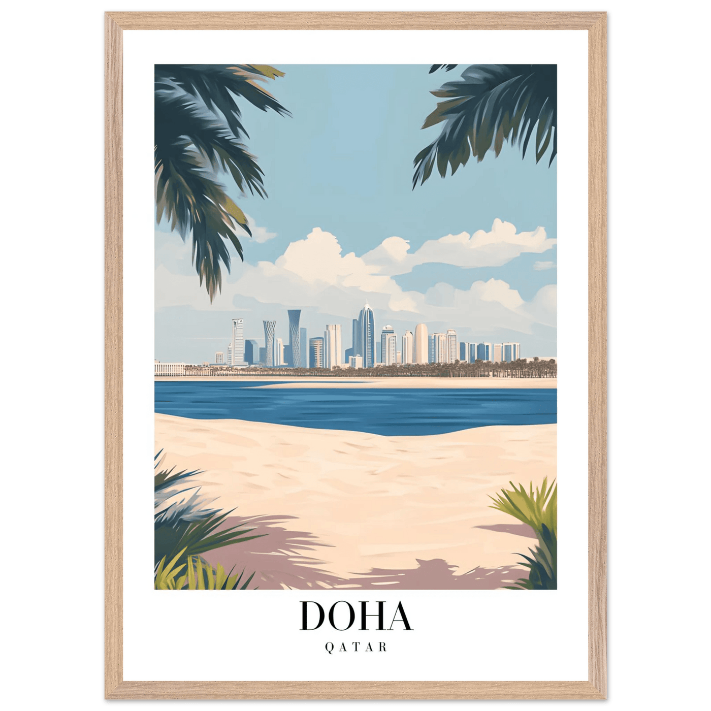 Doha Qatar Skyline Framed Poster – Modern Travel Wall Art with Palm Beach Vibes - Vibrantwalls
