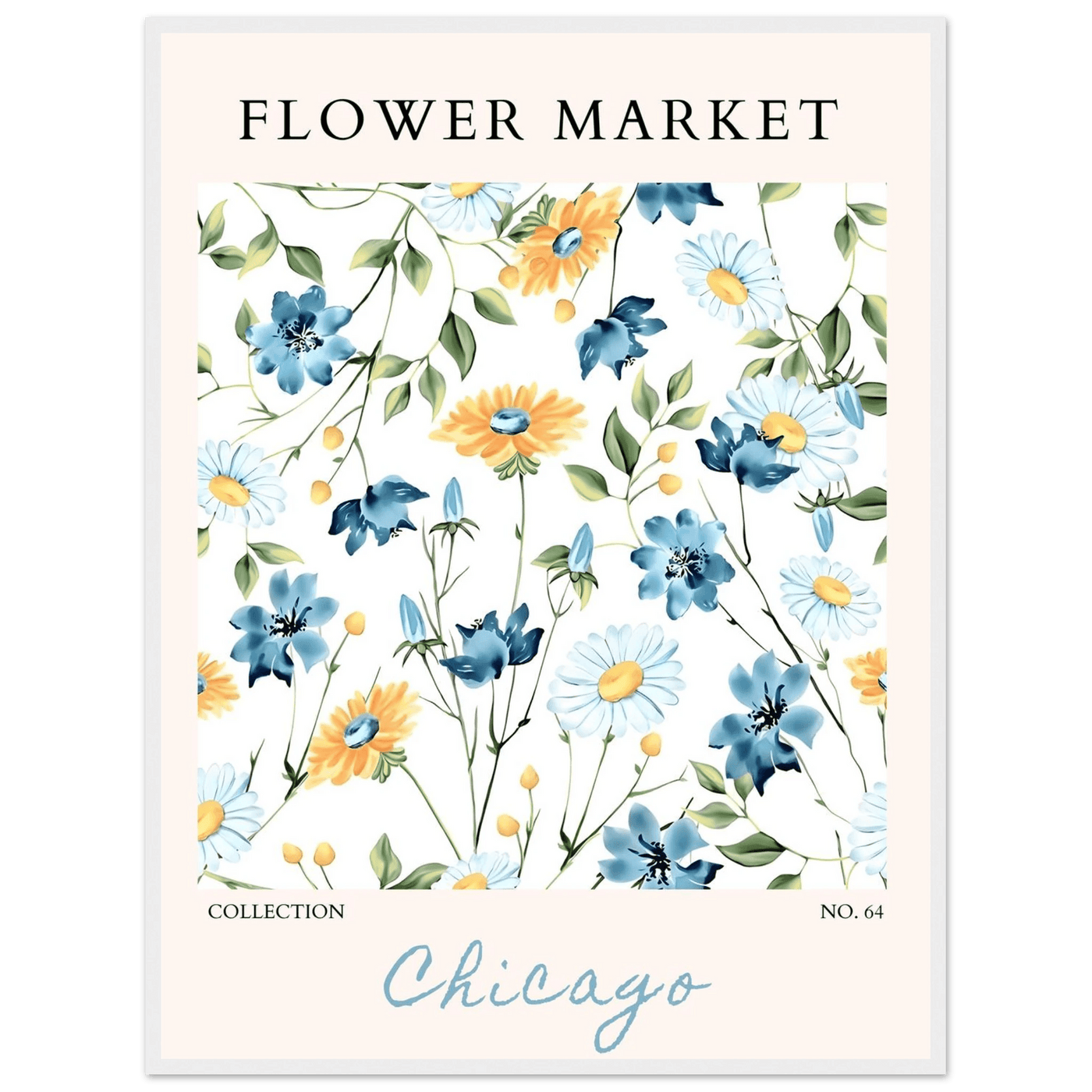 Flower Market Chicago Collection Framed Poster – Whimsical Blue & Yellow Floral Art Print | Ready-to-Hang - Vibrantwalls