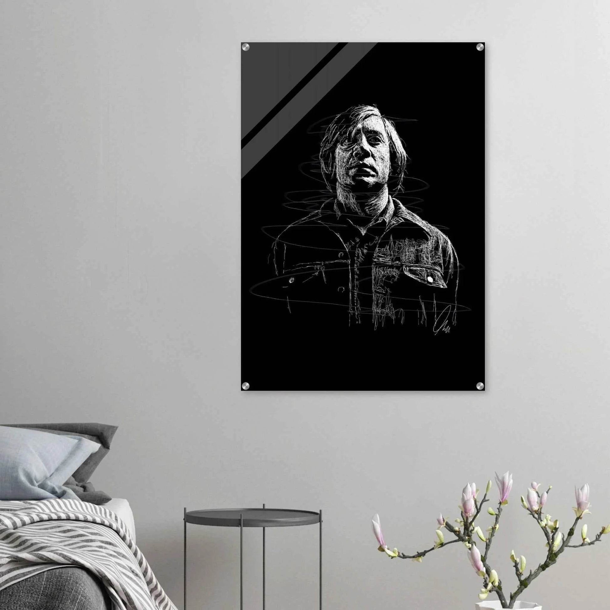 Javier Bardem in No Country for Old Men – Iconic Scrawl Art Acrylic Print - Vibrantwalls