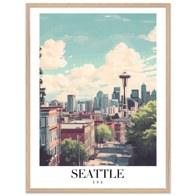 Seattle USA Framed Poster – Charming Watercolor Cityscape Wall Art with Wooden Frame - Vibrantwalls