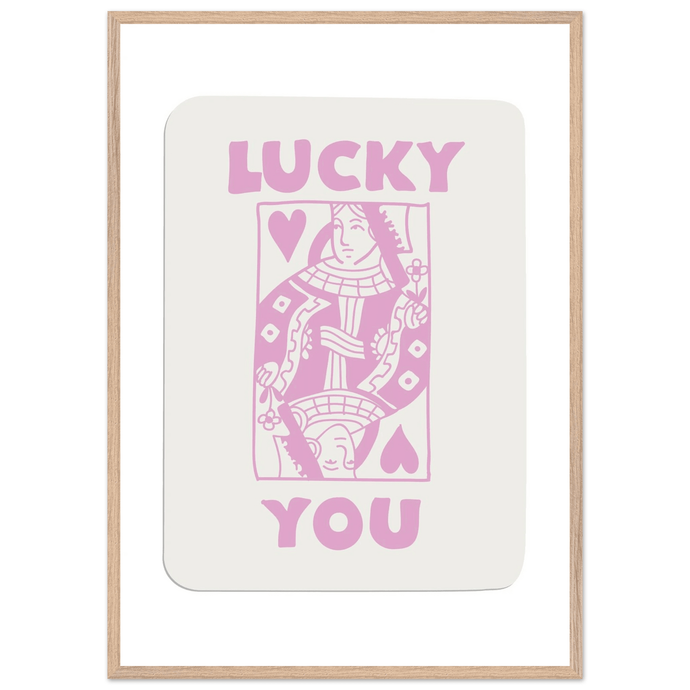 Lucky You Poker Card Art Print - Queen of Hearts Framed Poster, Pink & Cream Aesthetic Decor - Vibrantwalls