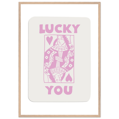 Lucky You Poker Card Art Print - Queen of Hearts Framed Poster, Pink & Cream Aesthetic Decor - Vibrantwalls