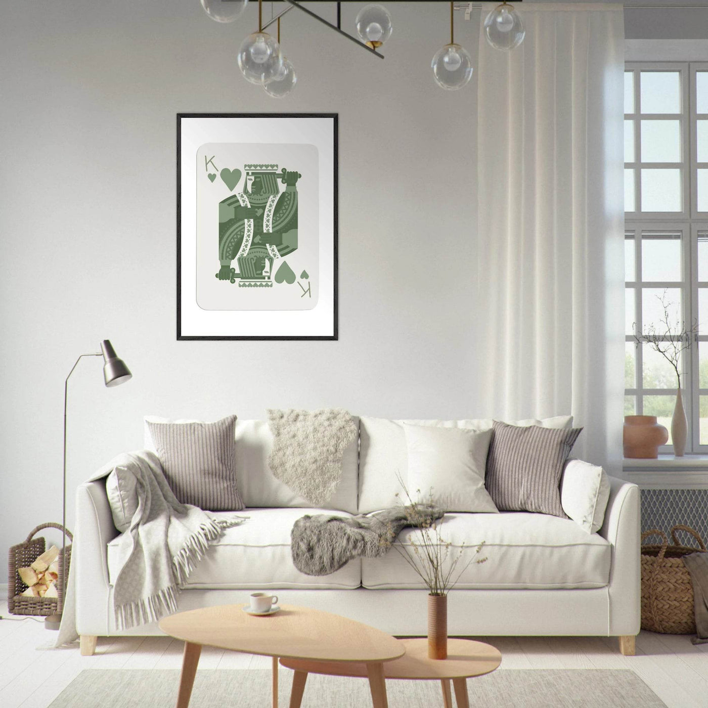 King of Hearts Poker Card Print - Sage Green & White Framed Art, Eco-Friendly Wood Frame - Vibrantwalls