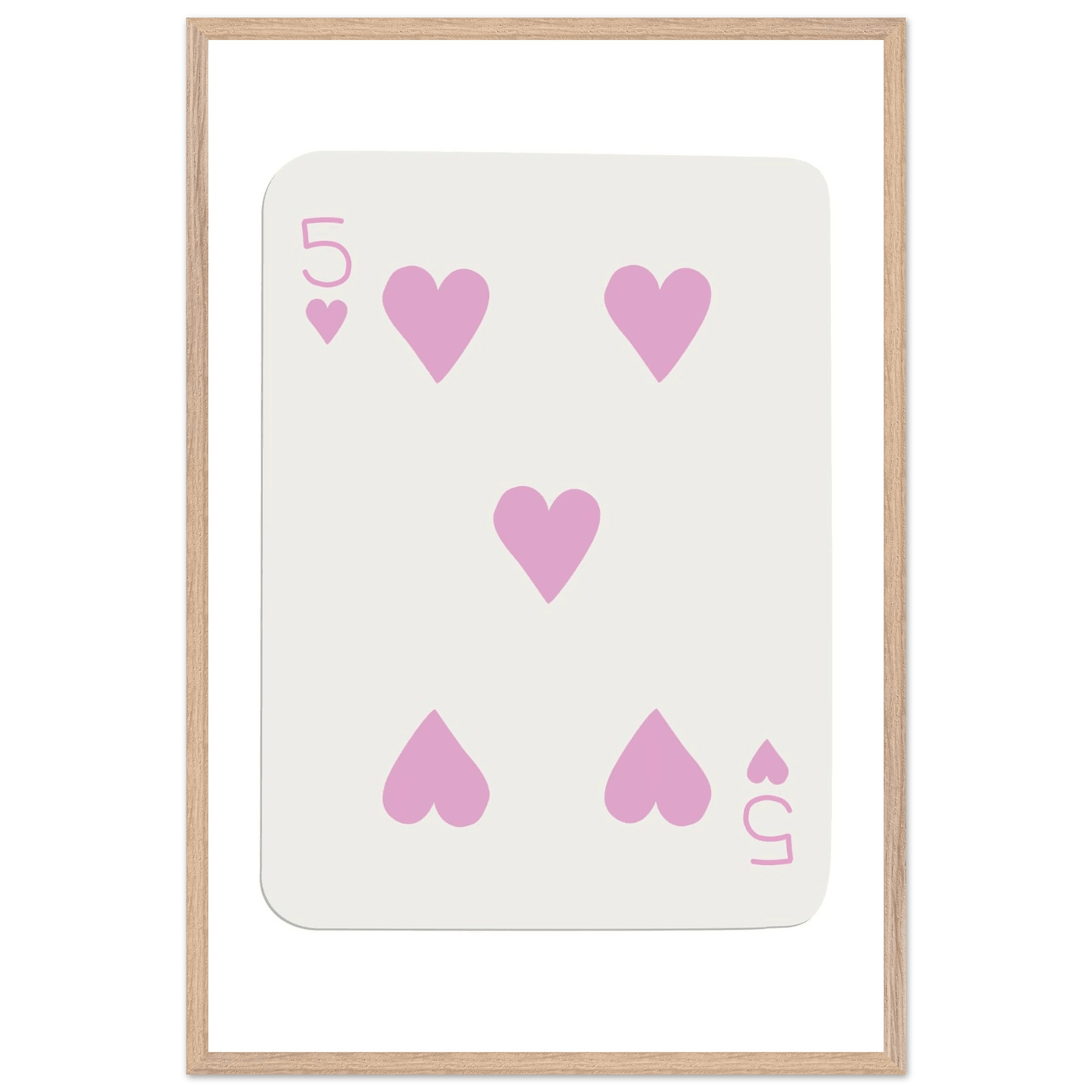 Five of Hearts Poker Card Print - Soft Pink Framed Poster Art, Eco-Friendly Wood Frame - Vibrantwalls