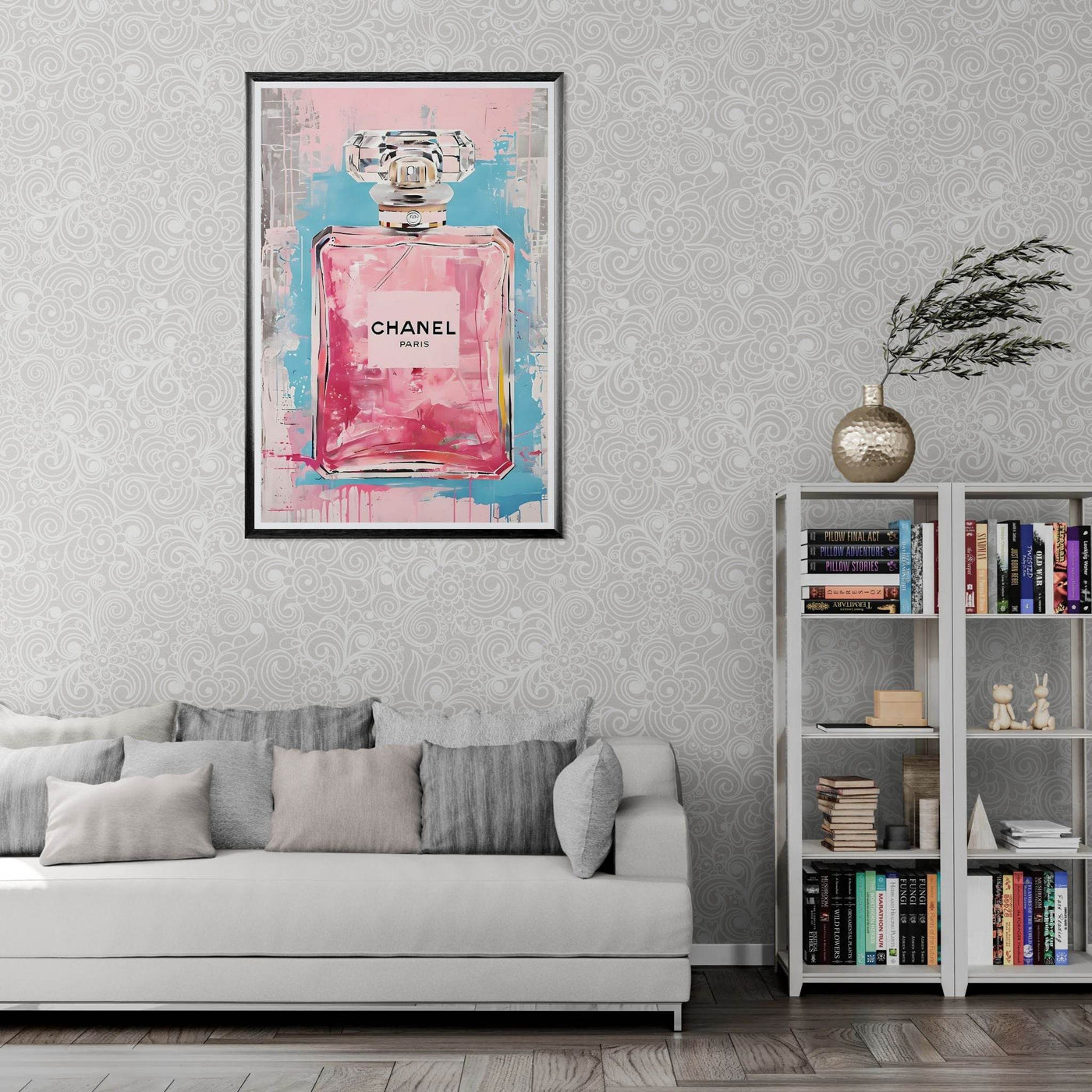 Coco Mademoiselle Chanel Art Print - Pink & Blue Pop Art Style Framed Poster - Vibrantwalls