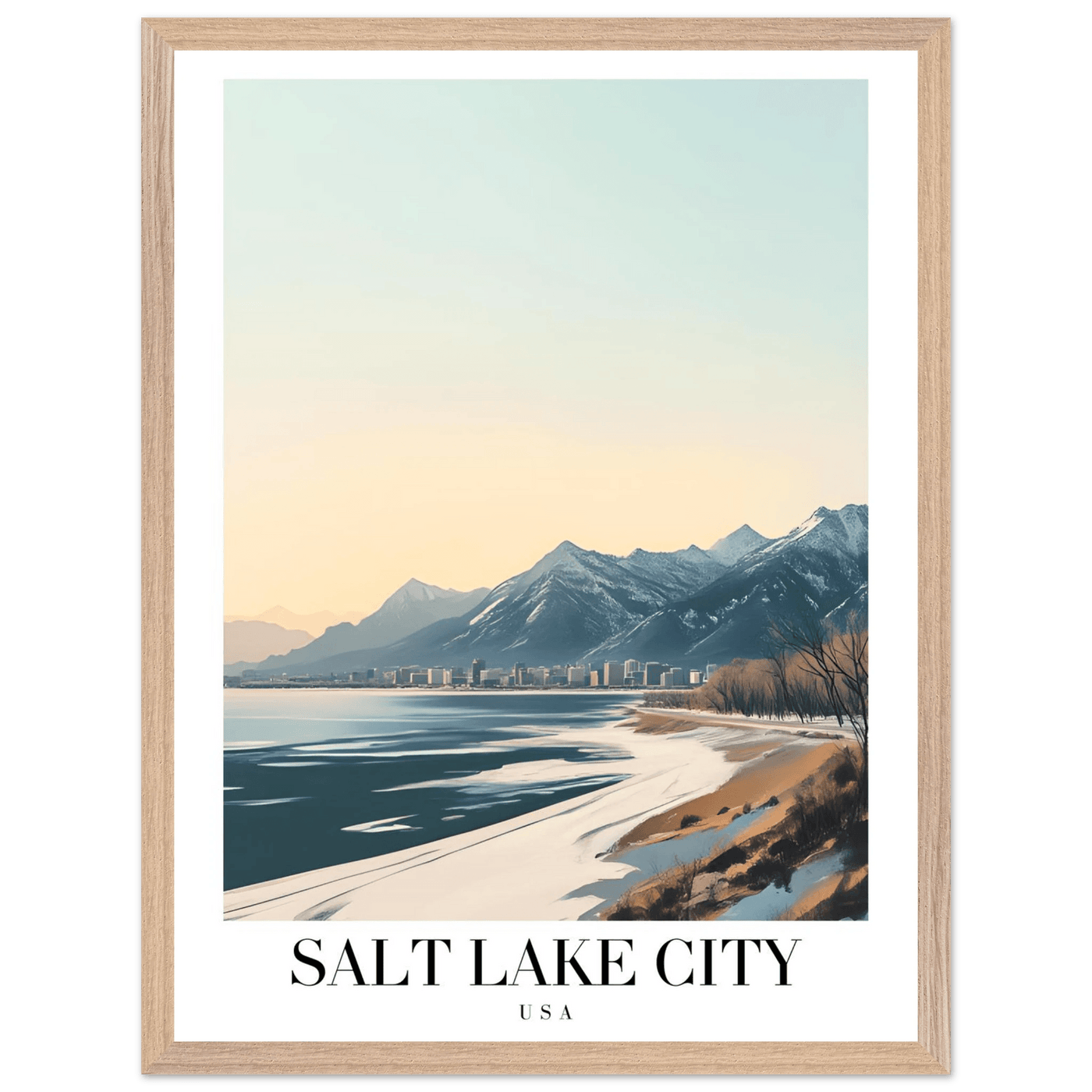 Salt Lake City Framed Poster – Modern Winter Landscape Art with Wood Frame - Vibrantwalls