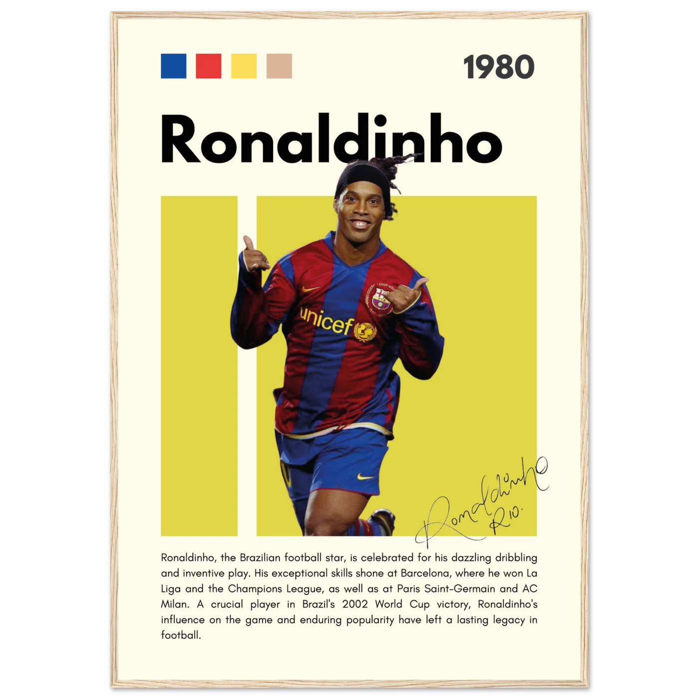 Ronaldinho Barcelona Football Legend Framed Brazil Poster 70x100 cm 28x40″ Wood frame Vibrantwalls