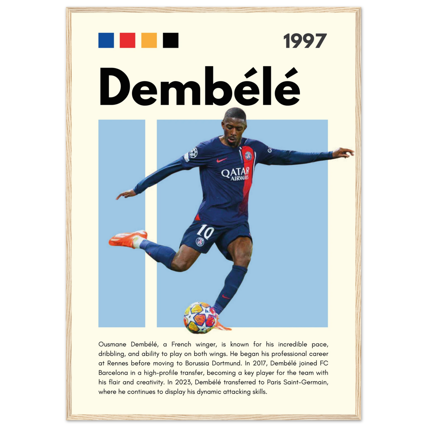 Ousmane Dembélé PSG Soccer Framed Poster – Dynamic Football Art Print in Multiple Sizes & Frame Styles A1 (59.4 x 84.1 cm) Wood frame Vibrantwalls