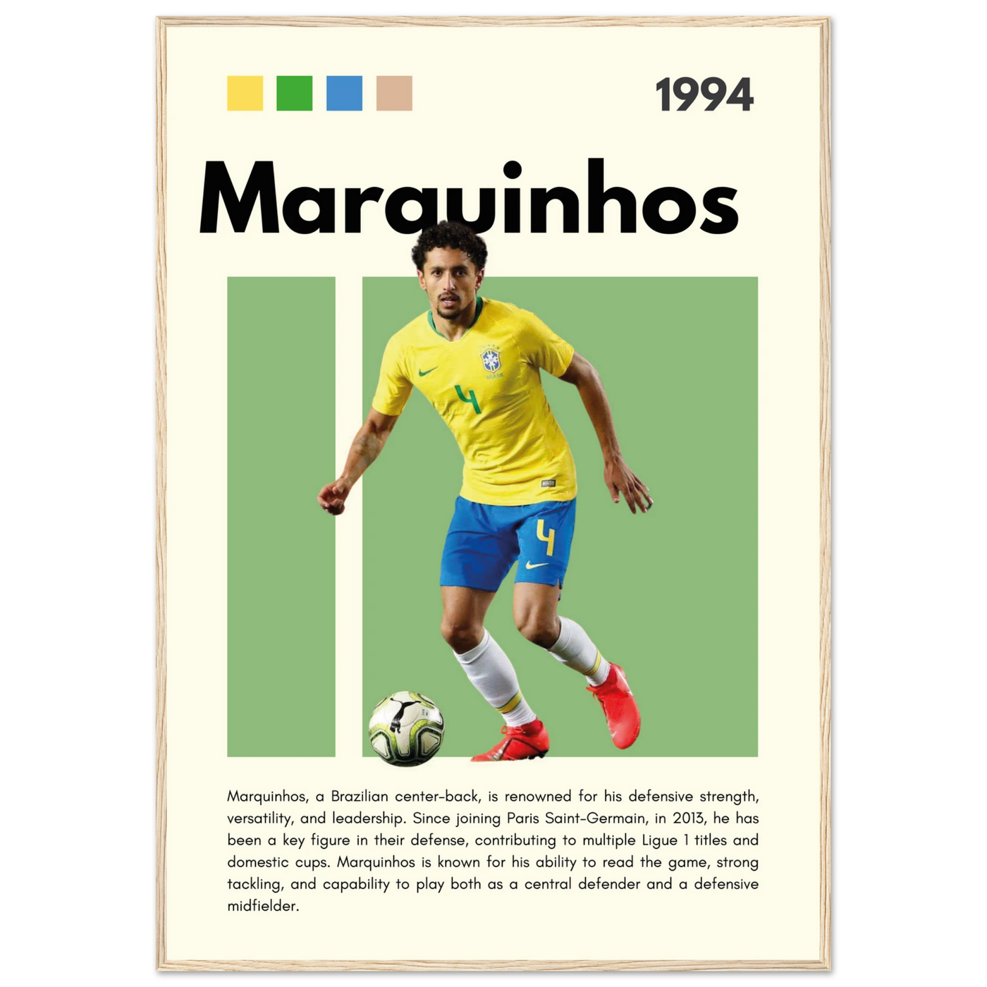 Marquinhos Brazil Football Framed Poster – Iconic Soccer Art Print for Fans 70x100 cm 28x40″ Wood frame Vibrantwalls