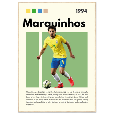 Marquinhos Brazil Football Framed Poster – Iconic Soccer Art Print for Fans 70x100 cm 28x40″ Wood frame Vibrantwalls