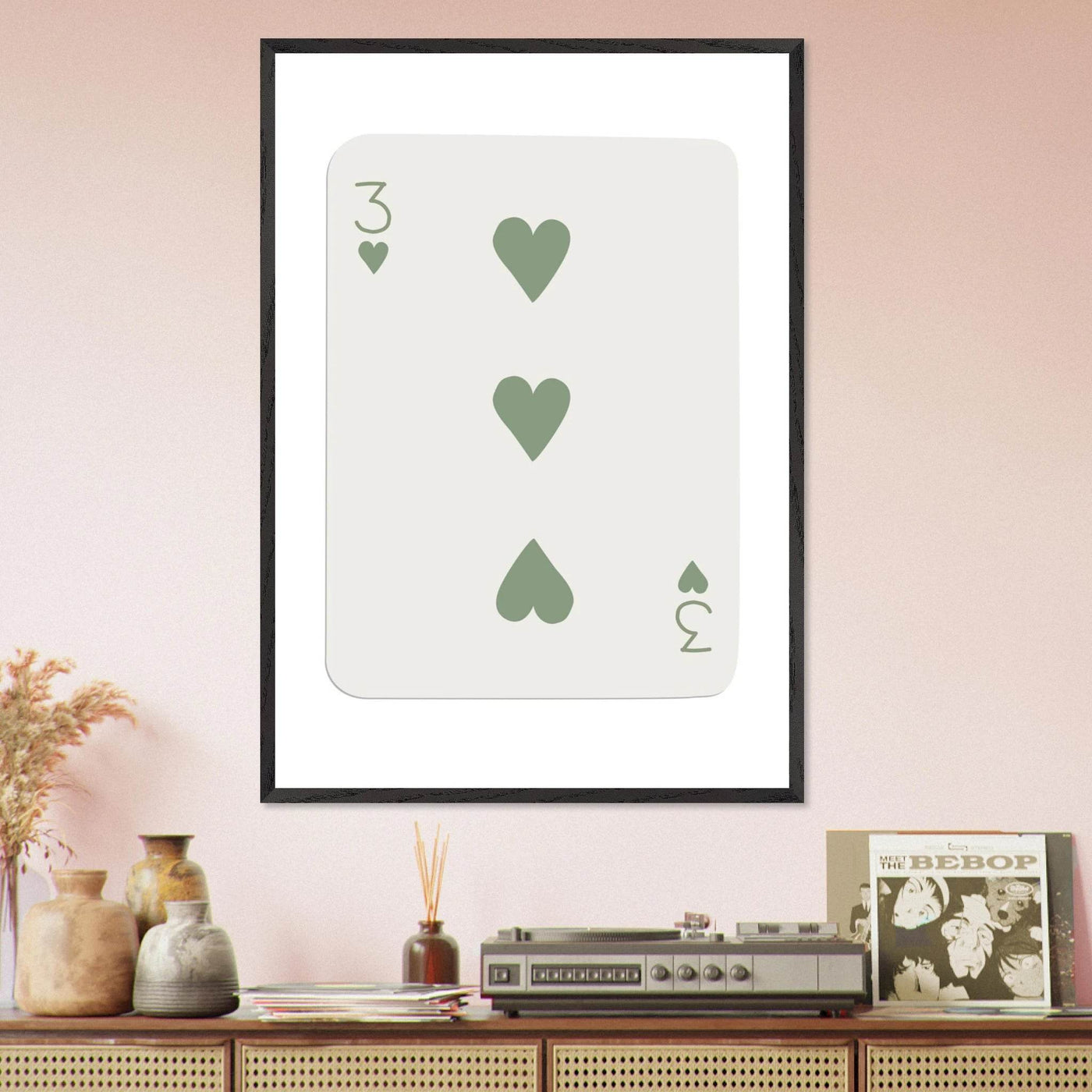 Minimalist Three of Hearts Poker Card Print - Mounted & Framed Eco-Friendly Wall Art for Modern Decor - Vibrantwalls