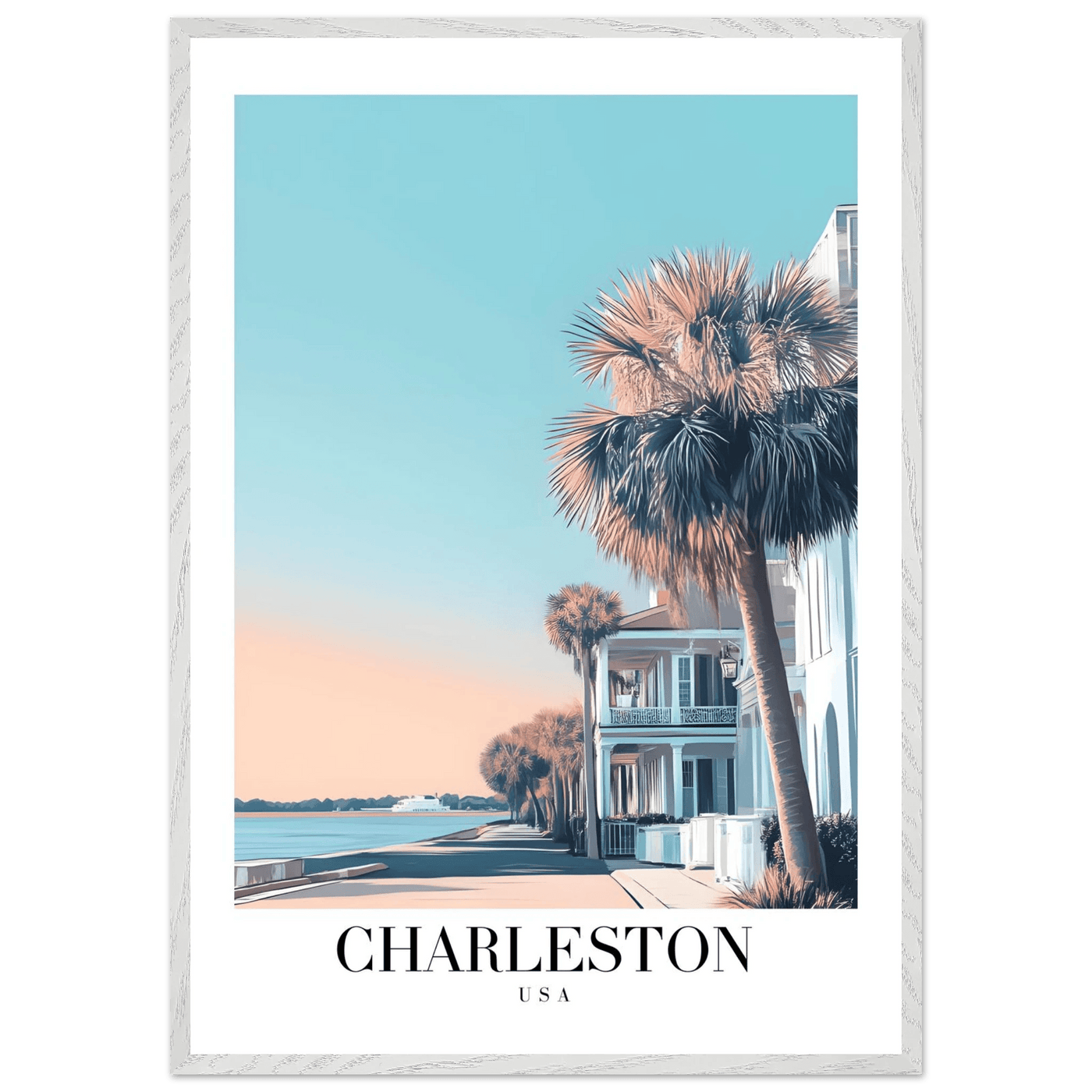 Charleston USA Framed Poster – Coastal Vintage Wall Art with Wooden Frame and Serene Sunset Hues - Vibrantwalls