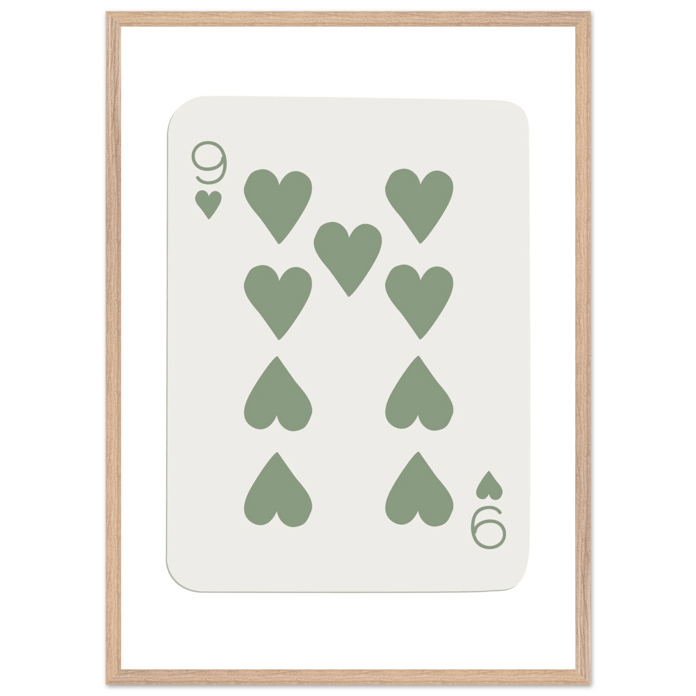Minimalist Nine of Hearts Poker Card Print - Mounted Framed Wall Art, Sage Green Boho Decor, Eco-Friendly Wood Frame - Vibrantwalls