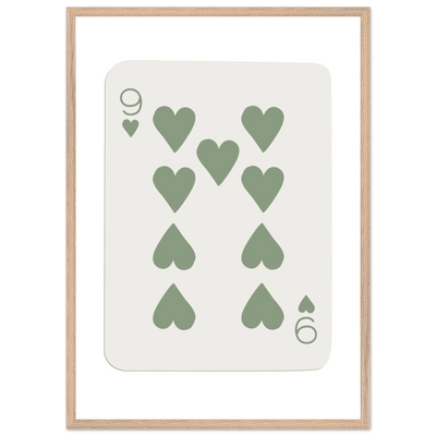 Minimalist Nine of Hearts Poker Card Print - Mounted Framed Wall Art, Sage Green Boho Decor, Eco-Friendly Wood Frame - Vibrantwalls