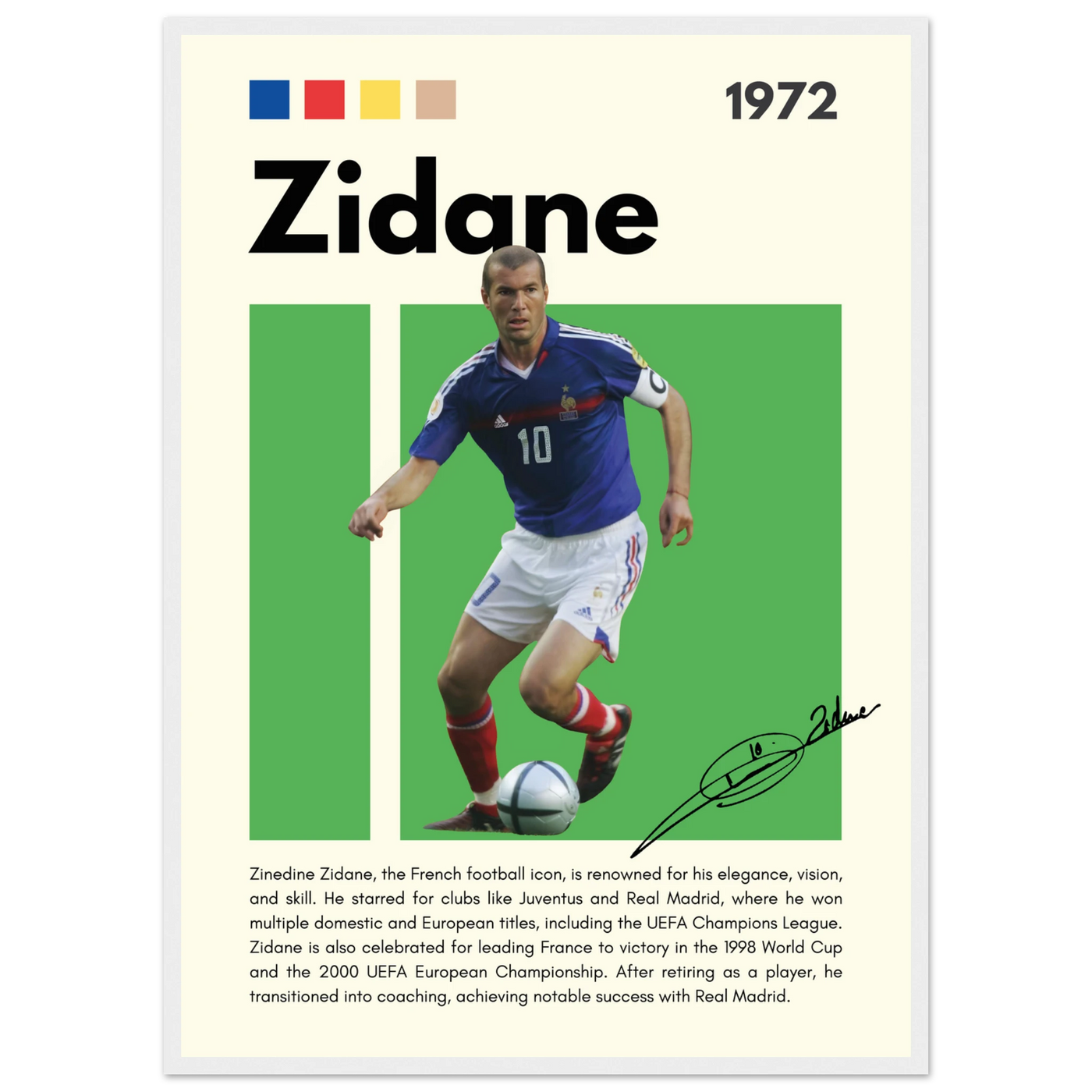 Zinedine Zidane Football Legend Framed French Poster 50x70 cm 20x28″ White frame Vibrantwalls