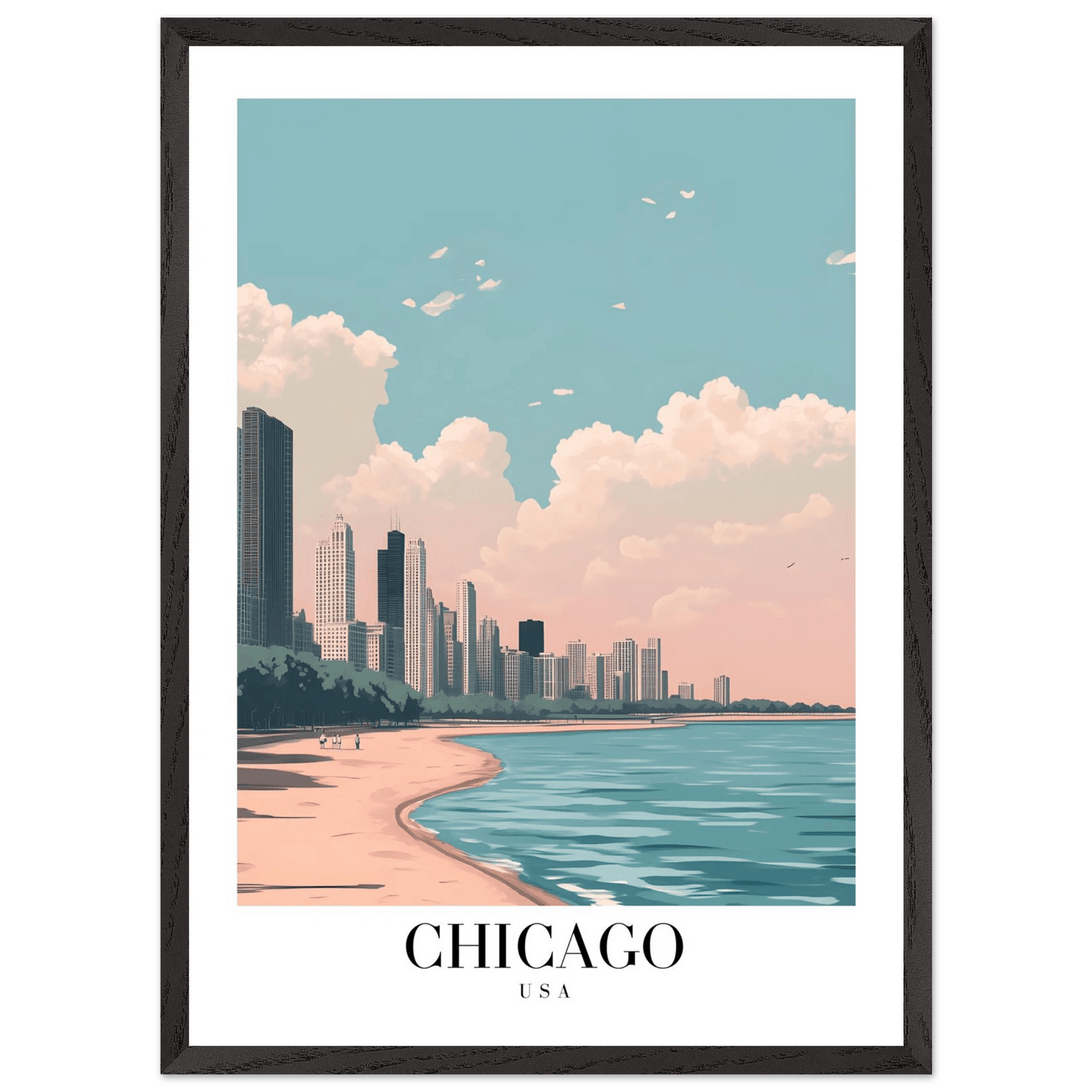 Chicago Lakeside View Framed Poster – Pastel Cityscape Wall Art with Wooden Frame - Vibrantwalls