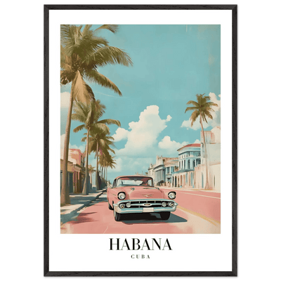 Habana Cuba Framed Poster – Vintage Pink Car Travel Art with Wooden Frame - Vibrantwalls