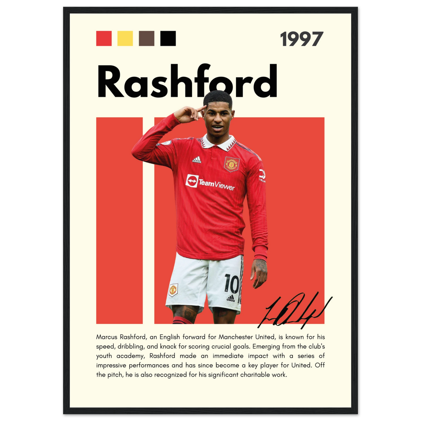 Marcus Rashford Manchester United Soccer Framed Poster – Iconic Red Devil Art Print 50x70 cm 20x28″ Black frame Vibrantwalls