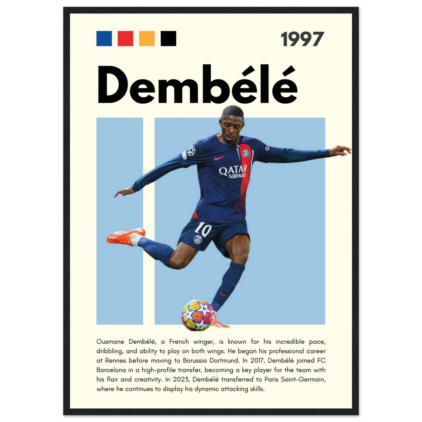 Ousmane Dembélé PSG Soccer Framed Poster – Dynamic Football Art Print in Multiple Sizes & Frame Styles 50x70 cm 20x28″ Black frame Vibrantwalls