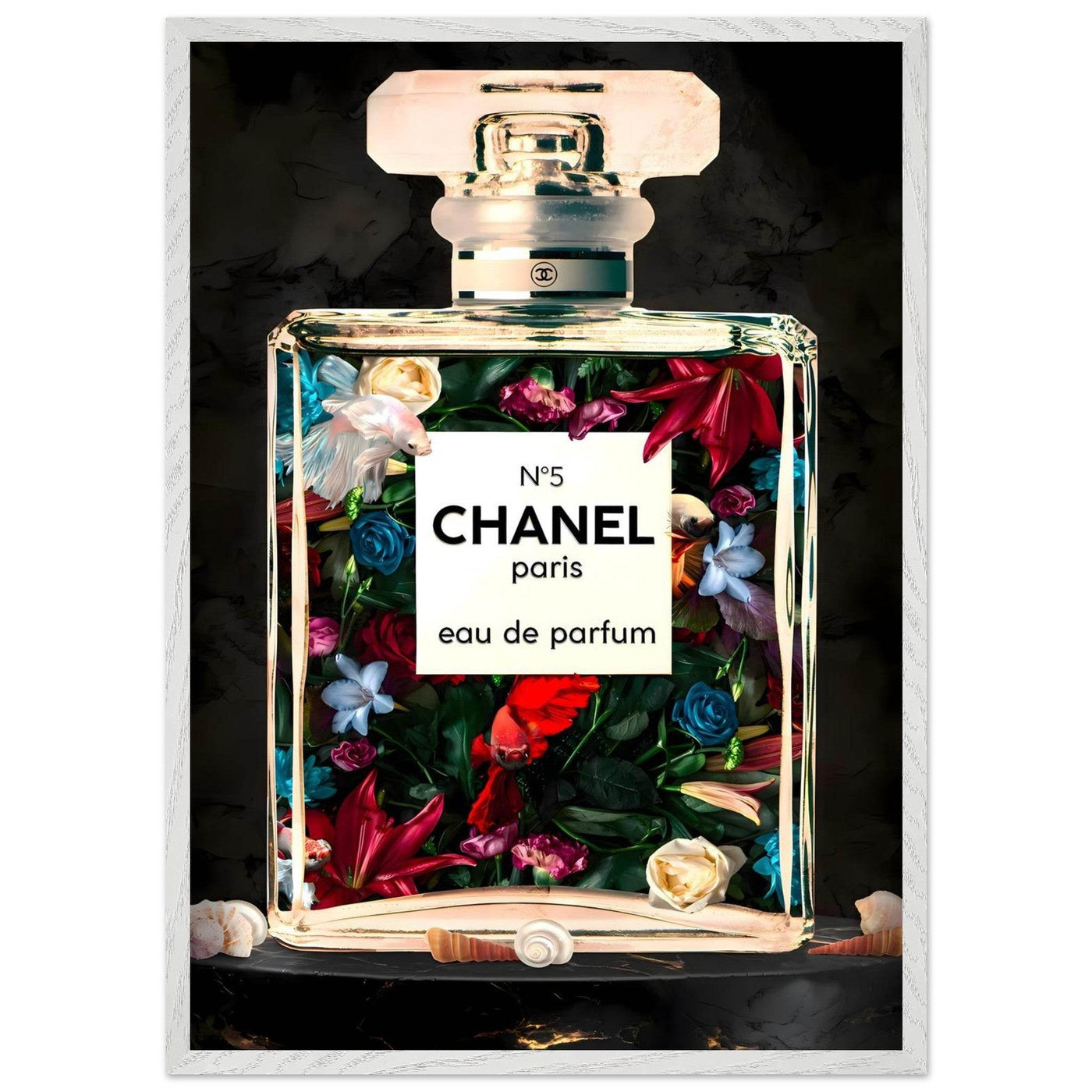 Chanel No. 5 Floral Fantasy Framed Art Print: A Timeless Blend of Iconic Fragrance and Vibrant Botanicals - Vibrantwalls