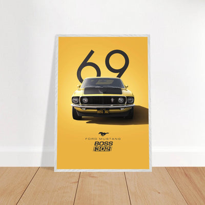 1969 Ford Mustang Boss 302 '69 - Iconic Yellow Framed Poster | Ready-to-Hang, Premium Art Print - Vibrantwalls