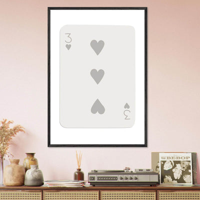 Minimalist Three of Hearts Poker Card Print - Eco-Friendly Framed Wall Art, Matte Finish - Vibrantwalls