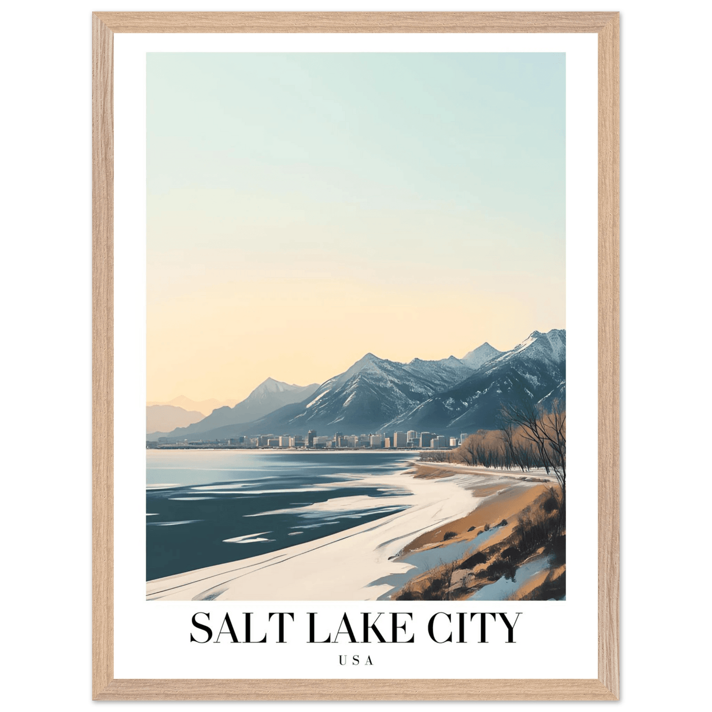 Salt Lake City Framed Poster – Modern Winter Landscape Art with Wood Frame - Vibrantwalls
