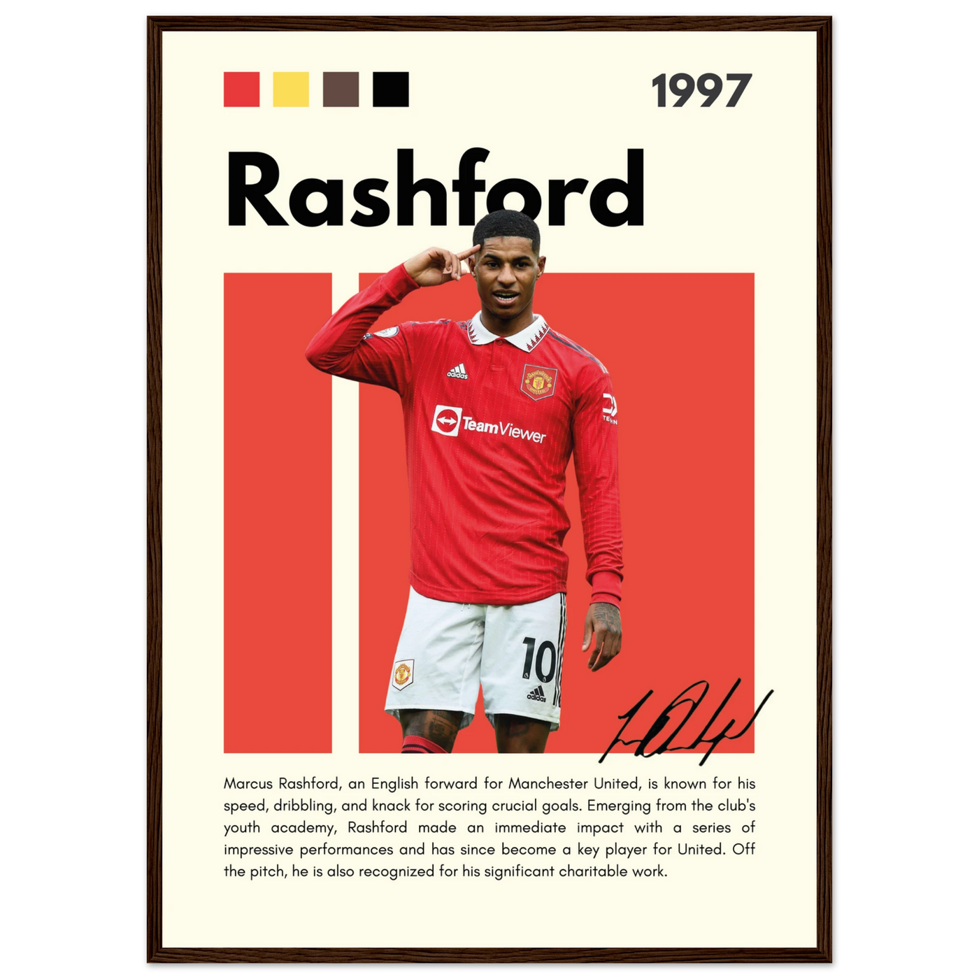 Marcus Rashford Manchester United Soccer Framed Poster – Iconic Red Devil Art Print 50x70 cm 20x28″ Dark wood frame Vibrantwalls