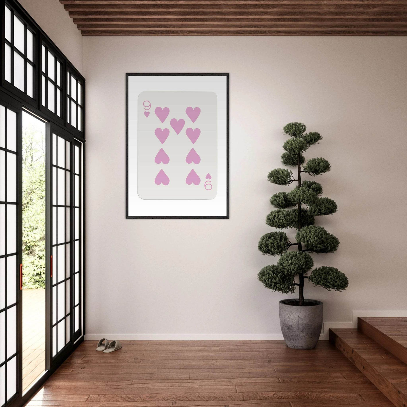 Nine of Hearts - Pink Poker Card Print - Mounted Framed Poster Art, Eco-Friendly Wood Frame - Vibrantwalls