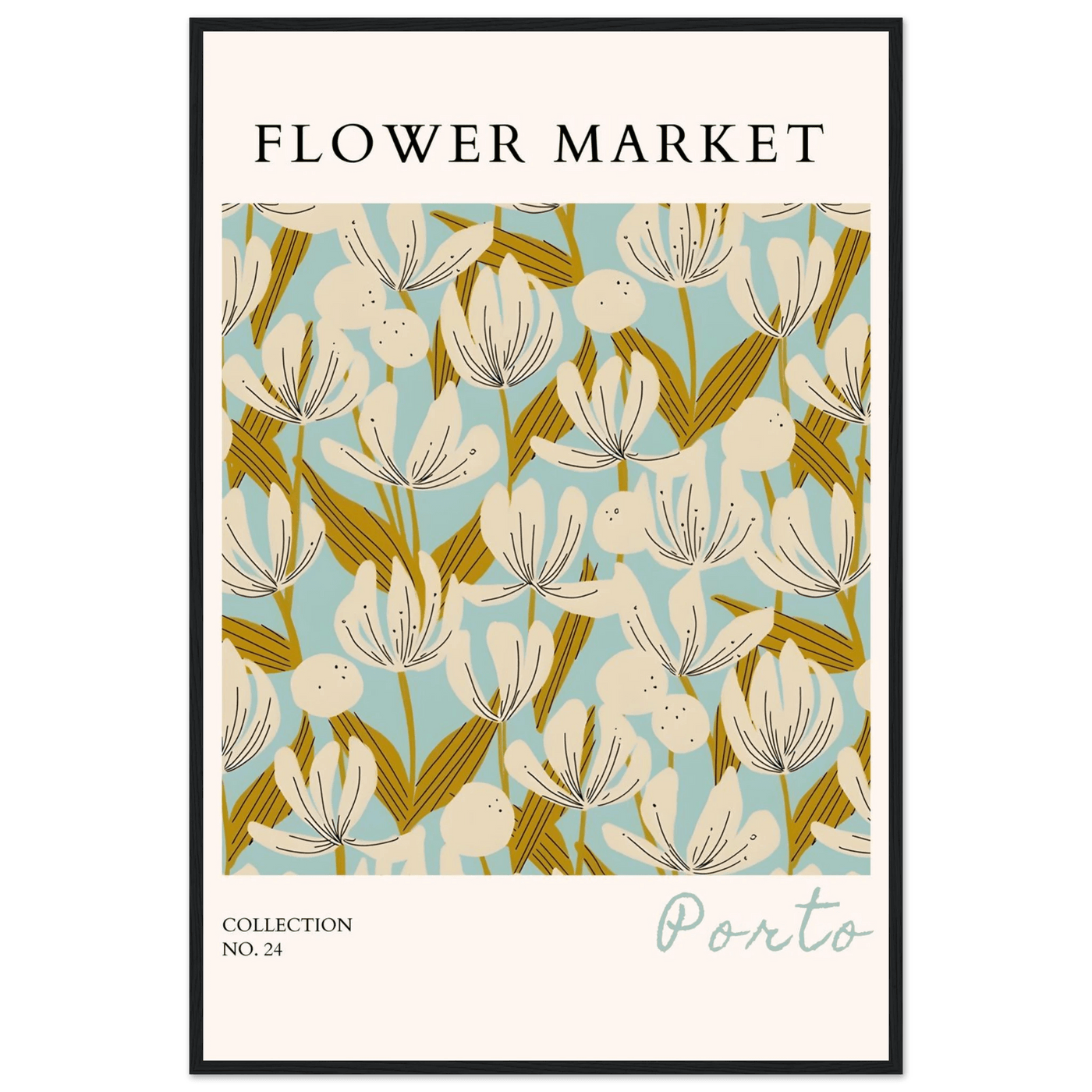 Flower Market Porto Abstract Floral Framed Poster | Calming Blue & Gold Botanical Art Print, Ready-to-Hang - Vibrantwalls