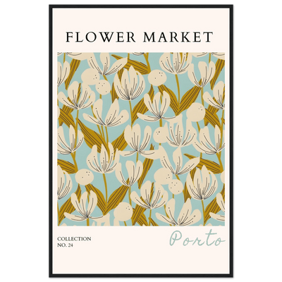Flower Market Porto Abstract Floral Framed Poster | Calming Blue & Gold Botanical Art Print, Ready-to-Hang - Vibrantwalls