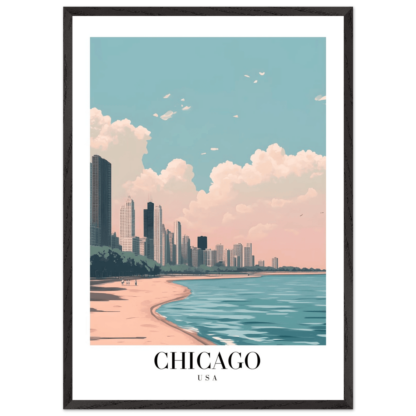 Chicago Lakeside View Framed Poster – Pastel Cityscape Wall Art with Wooden Frame - Vibrantwalls