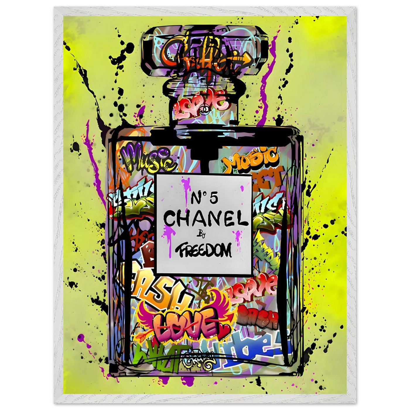 Coco Chanel No. 5 Graffiti Art Print - Vibrant Street Style Perfume Bottle Framed Wall Art - Vibrantwalls