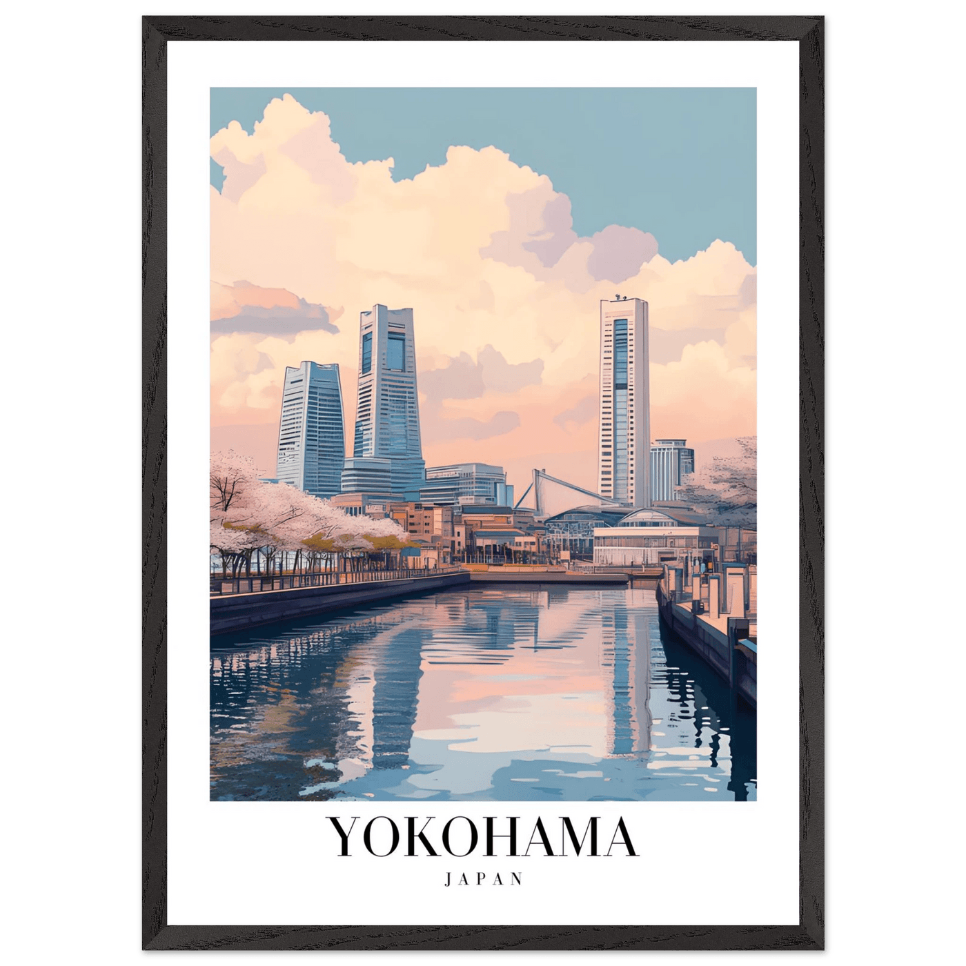 Yokohama Japan Framed Poster – Serene Pastel Cityscape Wall Art with Wooden Frame - Vibrantwalls