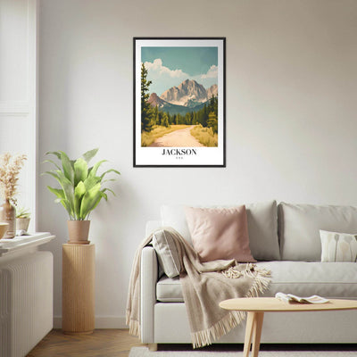 Jackson USA Mountain Landscape Framed Poster – Vintage Travel Wall Art with Wooden Frame - Vibrantwalls
