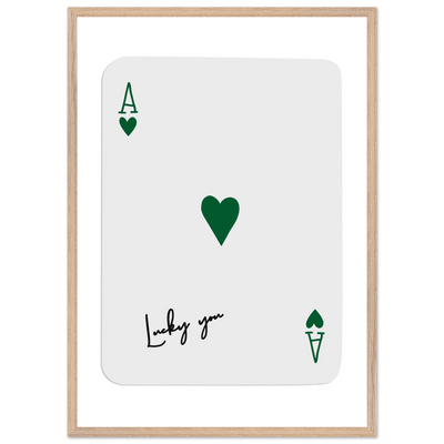Lucky You Ace of Hearts Poker Card Art - Eco-Friendly Framed Print with Deep Green Accent - Vibrantwalls