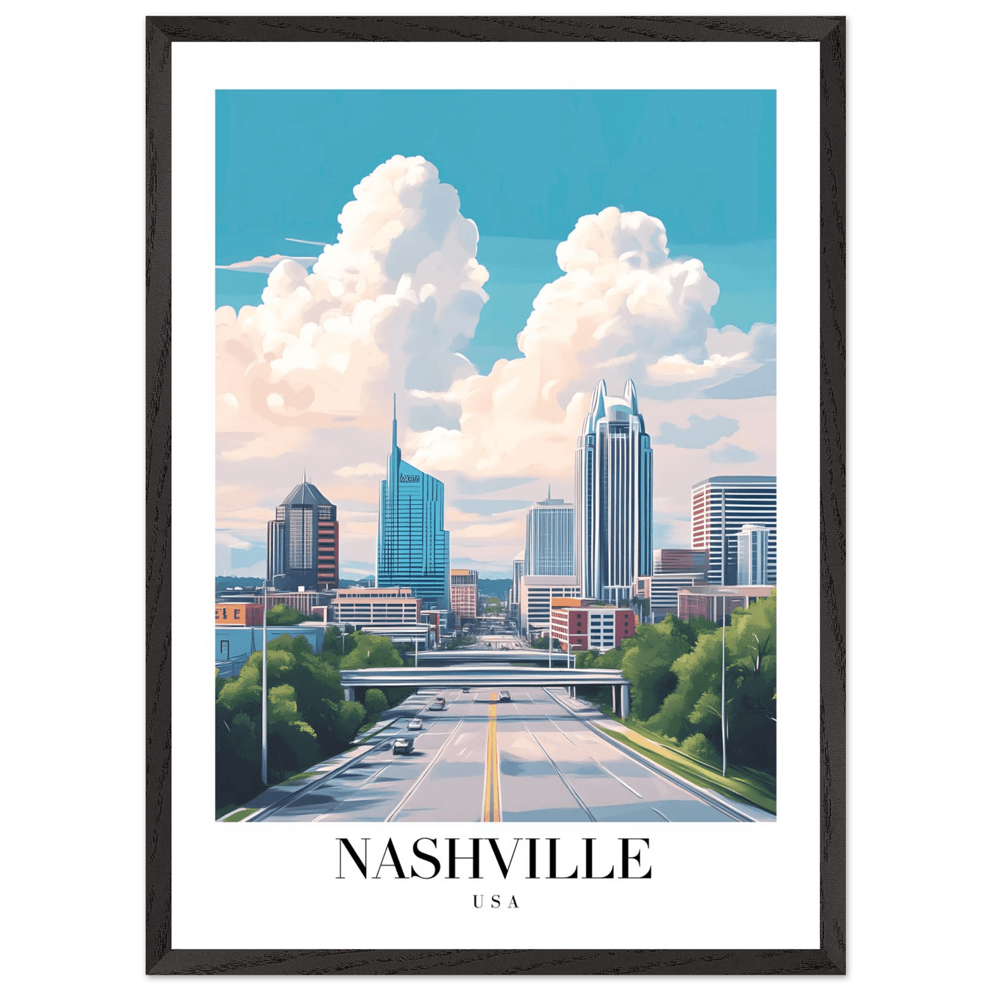 Nashville USA Cityscape Framed Poster – Modern Travel Wall Art with Wooden Frame & Your Choice of Size - Vibrantwalls