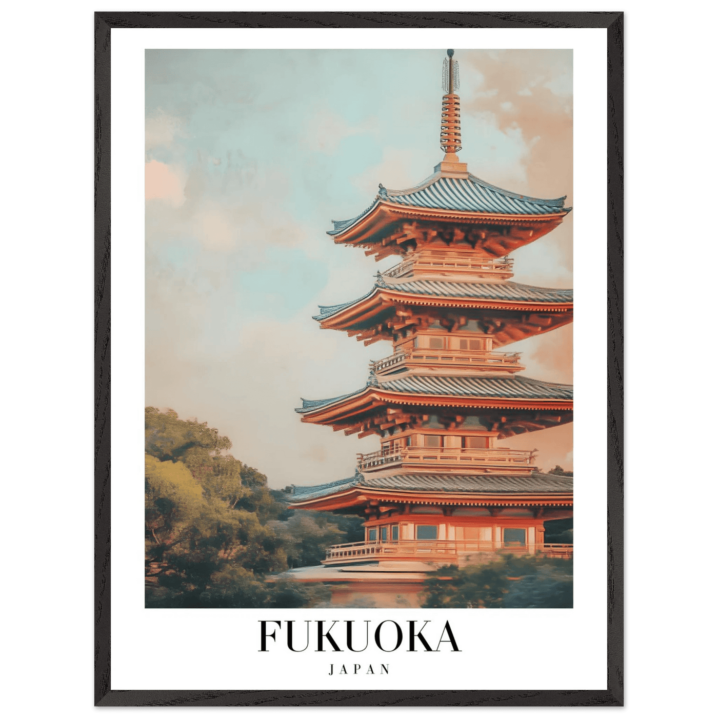 Fukuoka Japan Vintage Pagoda Framed Poster – Serene Travel Wall Art with Wooden Frame - Vibrantwalls