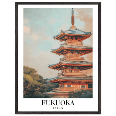 Fukuoka Japan Vintage Pagoda Framed Poster – Serene Travel Wall Art with Wooden Frame - Vibrantwalls