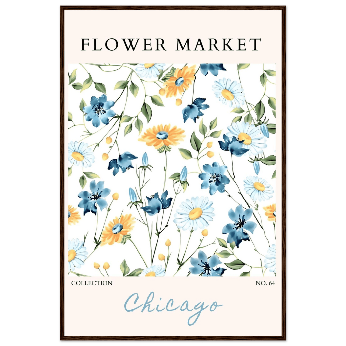 Flower Market Chicago Collection Framed Poster – Whimsical Blue & Yellow Floral Art Print | Ready-to-Hang - Vibrantwalls