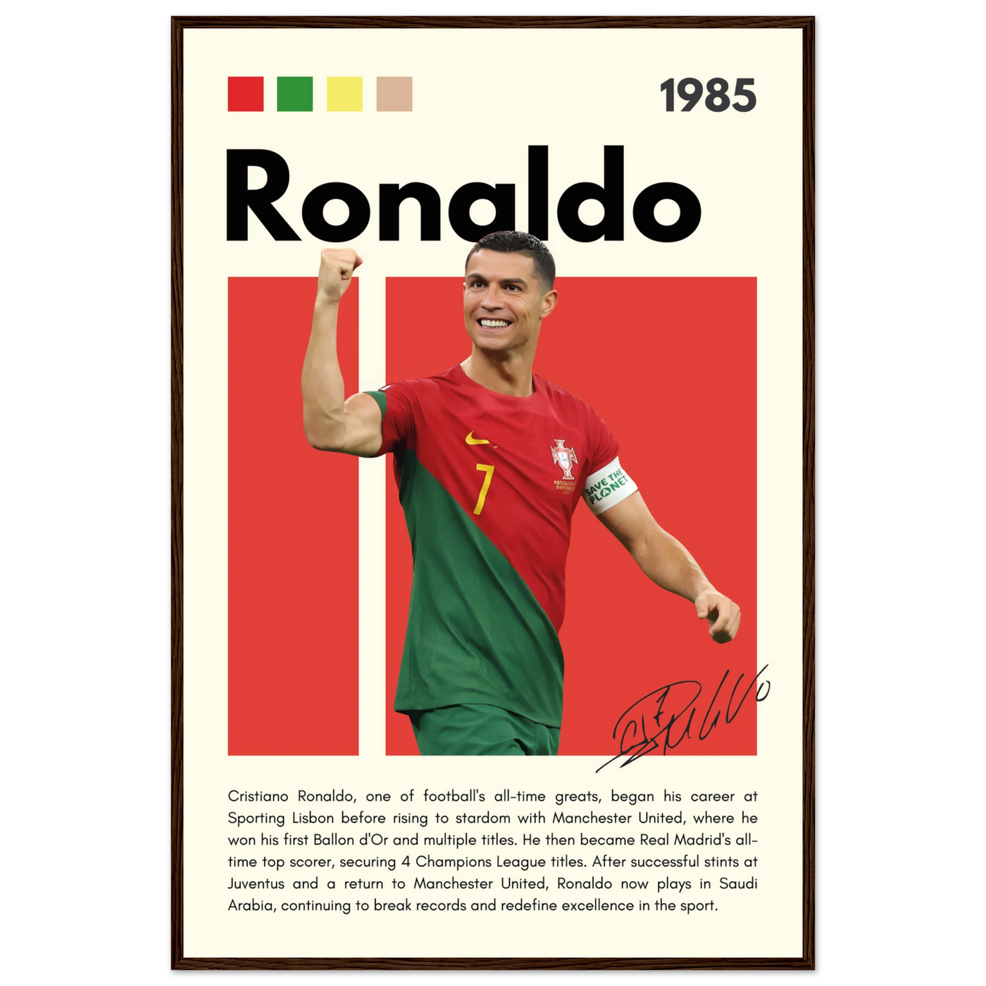 Cristiano Ronaldo Portugal Soccer Framed Football Poster 60x90 cm 24x36″ Dark wood frame Vibrantwalls
