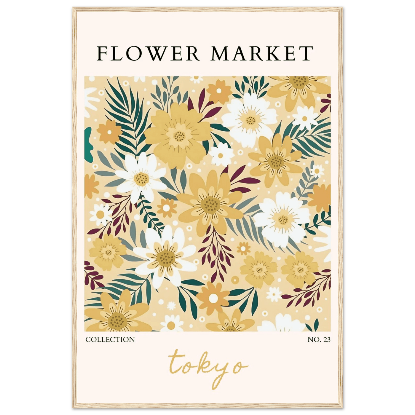 Tokyo Flower Market Framed Poster – Botanical Golden & White Floral Print | Ready-to-Hang Wall Art - Vibrantwalls