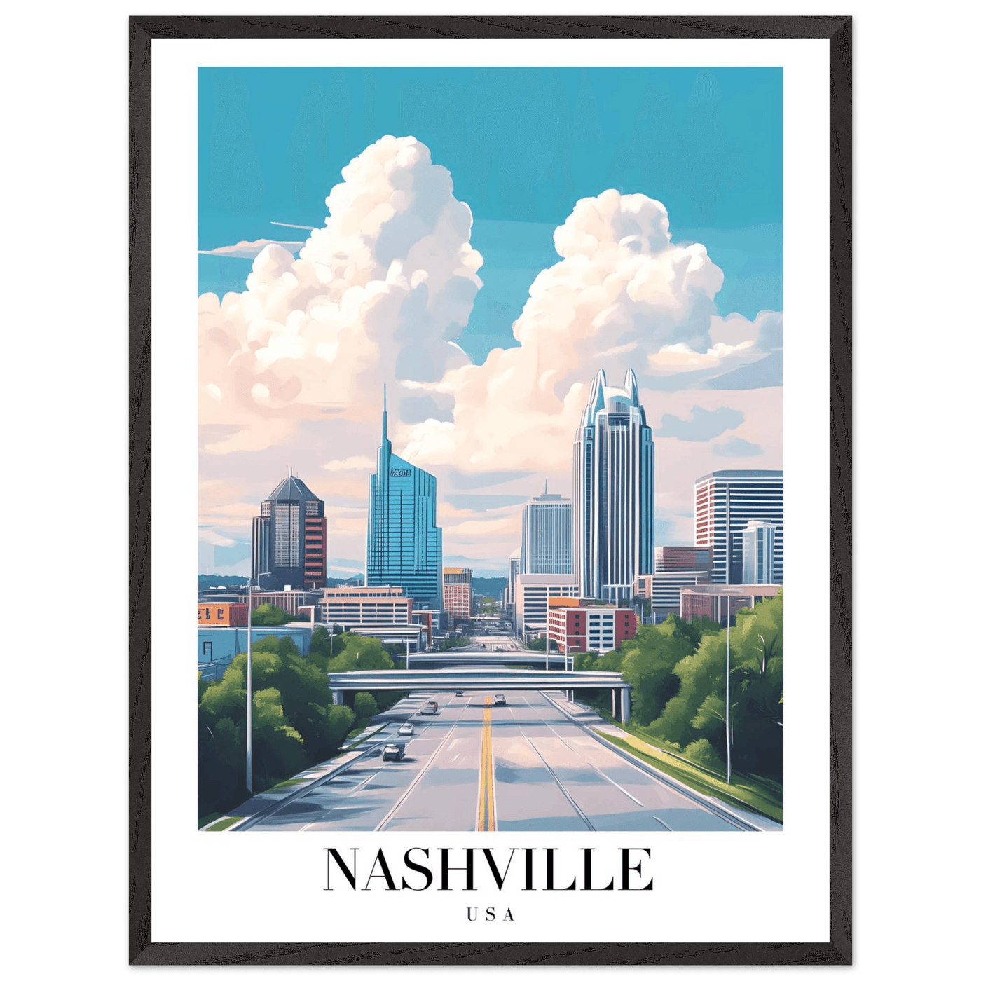 Nashville USA Cityscape Framed Poster – Modern Travel Wall Art with Wooden Frame & Your Choice of Size - Vibrantwalls