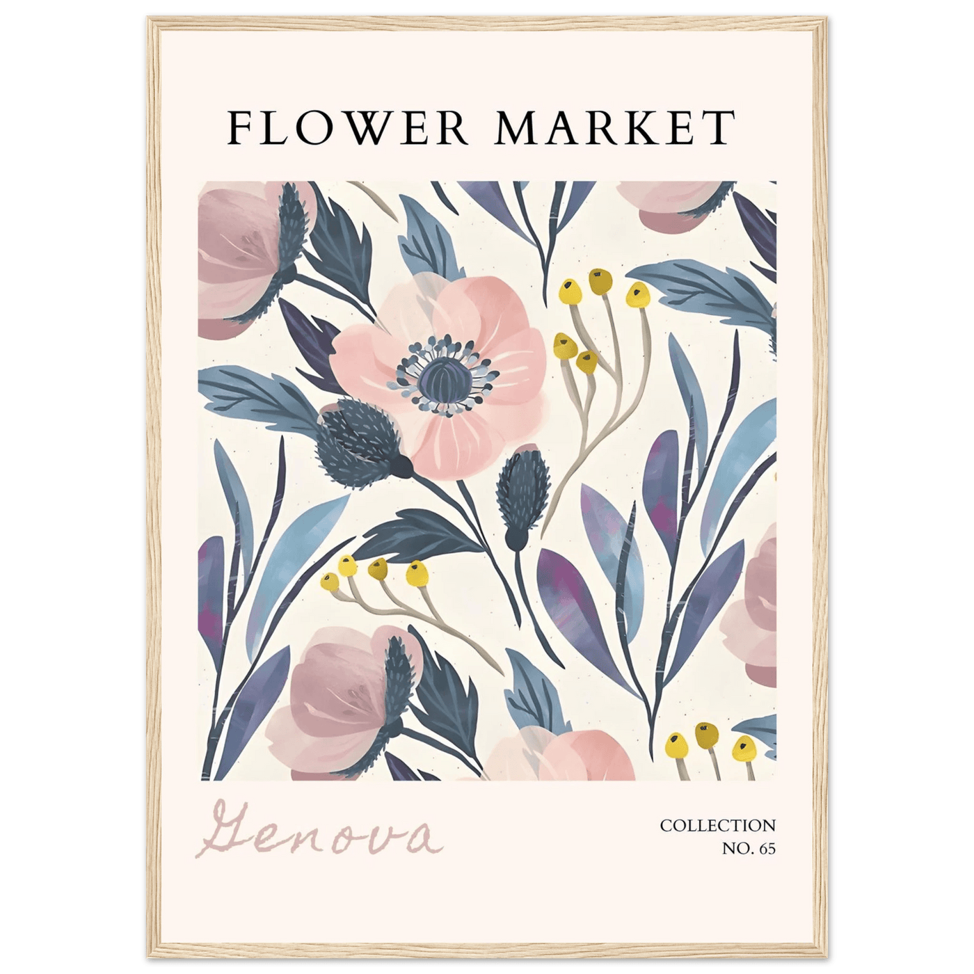 Flower Market 'Genova' Framed Poster – Blush & Indigo Floral Art Print | Ready-to-Hang Botanical Decor - Vibrantwalls