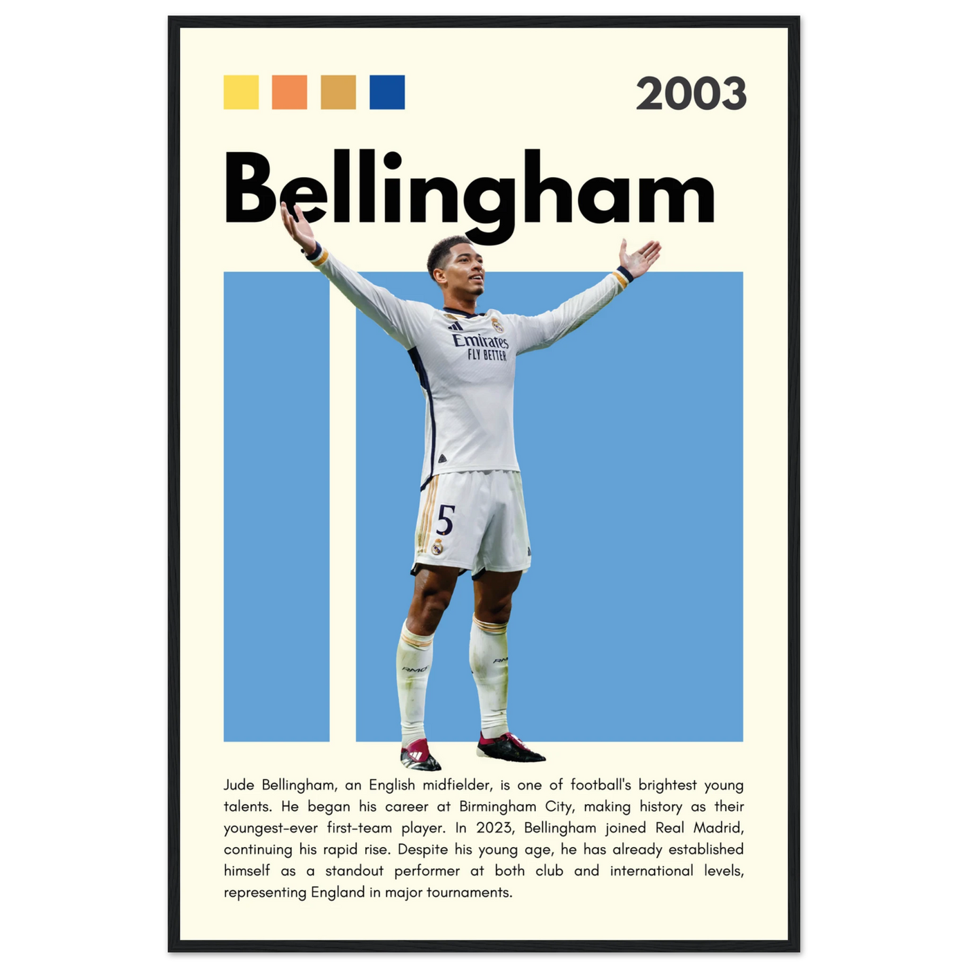 Jude Bellingham Real Madrid Football Poster – Modern Pop Art Print in Your Choice of Frame 60x90 cm 24x36″ Black frame Vibrantwalls