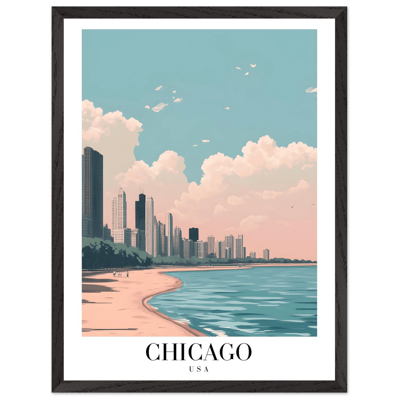 Chicago Lakeside View Framed Poster – Pastel Cityscape Wall Art with Wooden Frame - Vibrantwalls