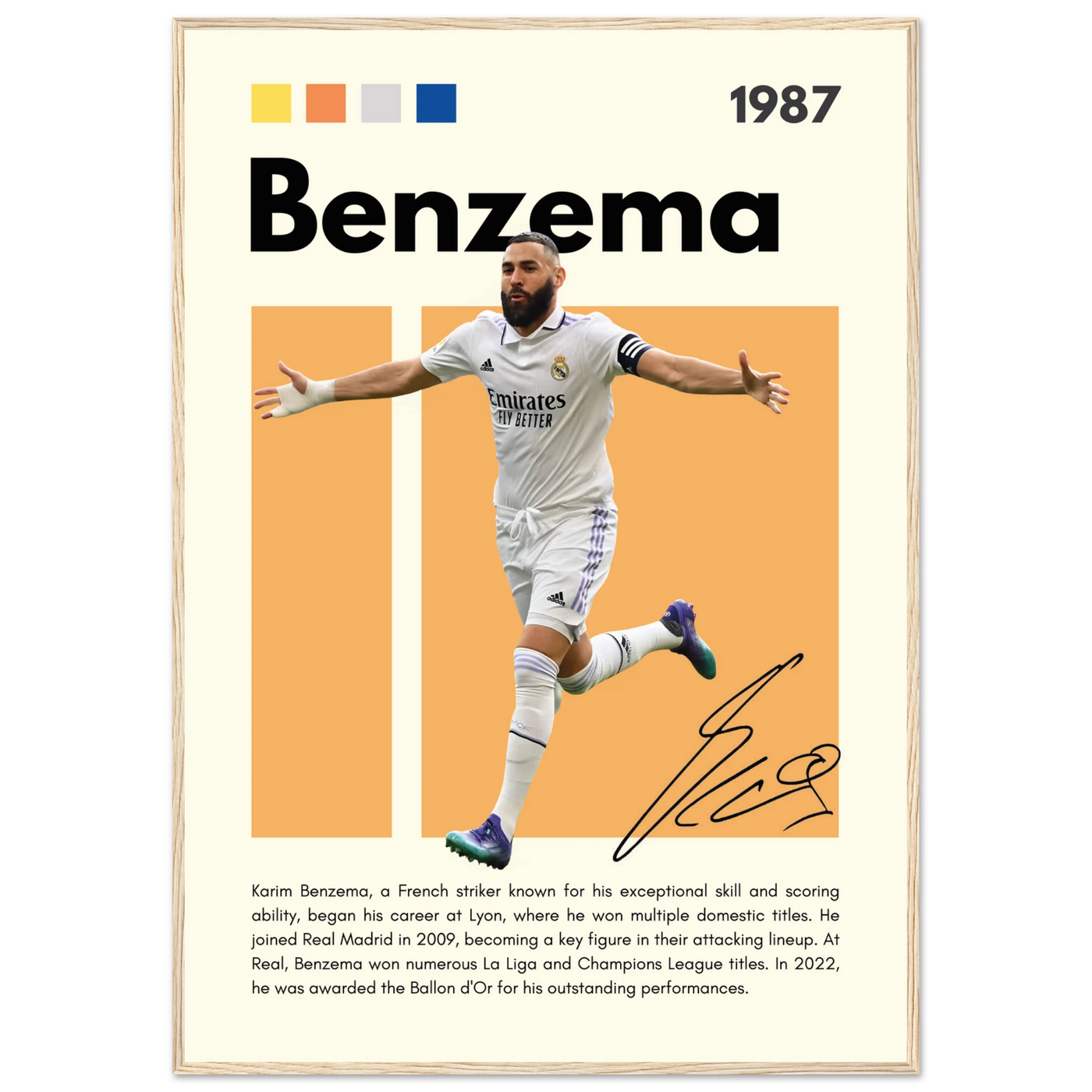 Karim Benzema Real Madrid Soccer Framed Poster – Modern Football Art Print with Signature Detail 70x100 cm 28x40″ Wood frame Vibrantwalls