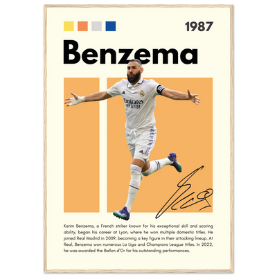 Karim Benzema Real Madrid Soccer Framed Poster – Modern Football Art Print with Signature Detail 70x100 cm 28x40″ Wood frame Vibrantwalls